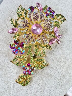 Vintage Gold Floral Brooch with Pink, Green & Iridescent Crystals